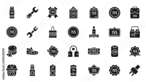 Black Icons Set of Tools and Objects with Badges