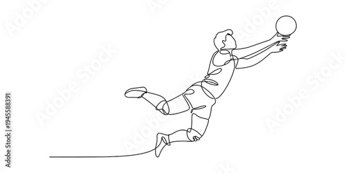 Continuous line drawing of a man jumping to hit a volleyball, athletic motion, sports action, dynamic movement
