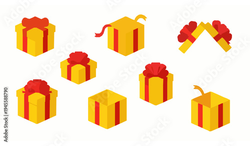 Isometric gift present boxes yellow with red ribbon vector interface elements