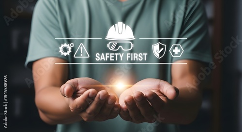 Man holding a glowing bulb with safety icons emphasizing workplace safety first