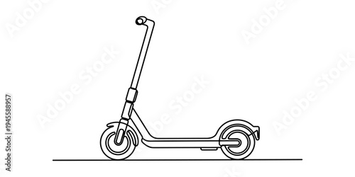 Continuous line drawing of a modern electric kick scooter on a solid white background.