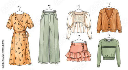 Set of 6 fashion clothing items vector