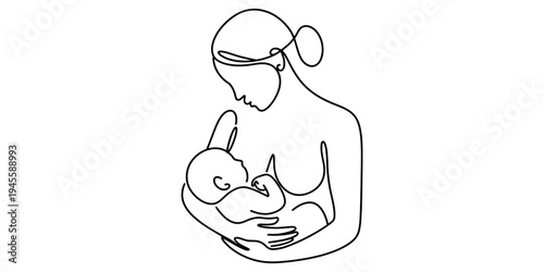 Continuous line drawing of a mother breastfeeding her infant baby in a minimalist style.