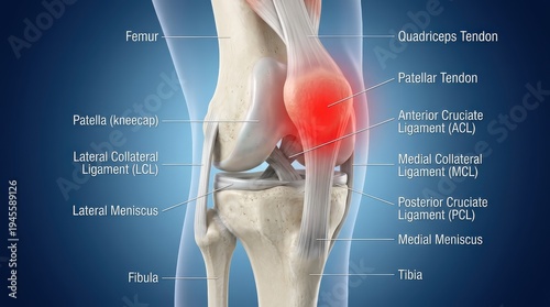 Detailed anatomical illustration of a human knee joint highlighting bones, ligaments, tendons, and areas affected by injury or inflammation.