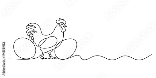 Continuous line art drawing of a rooster standing between two large eggs on a white background.