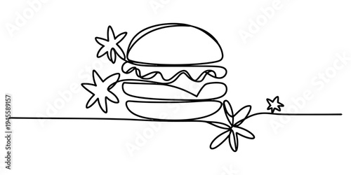 Continuous line drawing of a burger with flowers on white background