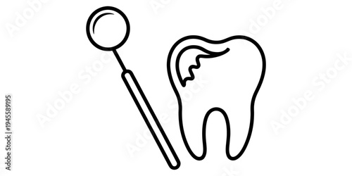 A simple line art illustration of a human tooth with a cavity next to a dental mirror tool.