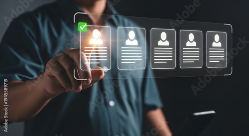 A person interacting with a digital interface selecting a candidate profile on a smartphone