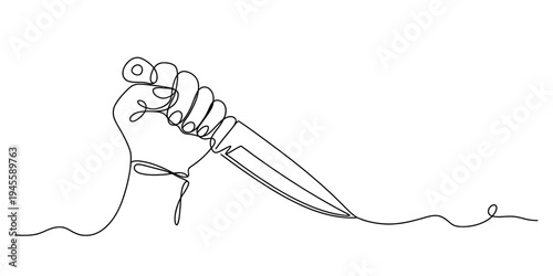 Hand holding sewing needle with thread, minimalist line art, craft concept