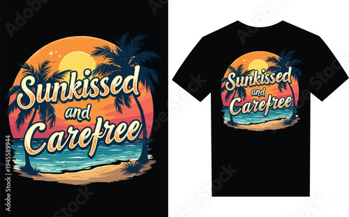 Sunkissed and carefree tropical beach tshirt design on black  summer vacation shirt