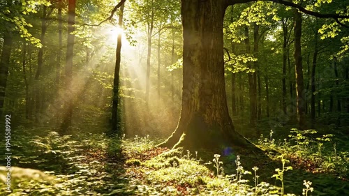 Sunlight filtering through forest trees.