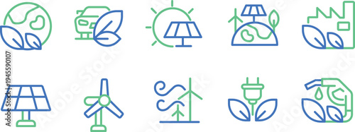 Illustrations of various renewable energy sources and sustainability icons