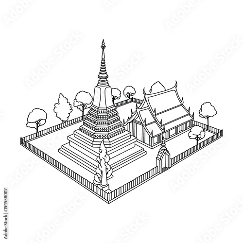 Black and white of a temple complex with a pagoda and surrounding buildings