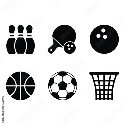 Essential sports equipment icons for various games and athletic recreational activities