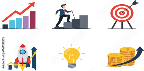 Business Growth and Success Icons Set for Financial Strategy, Target Achievement, Innovation, and Profit Development Designs