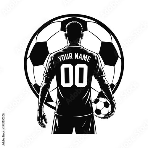 Black and white soccer player holding ball with large soccer ball background