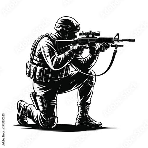 Black and white soldier kneeling and aiming a rifle