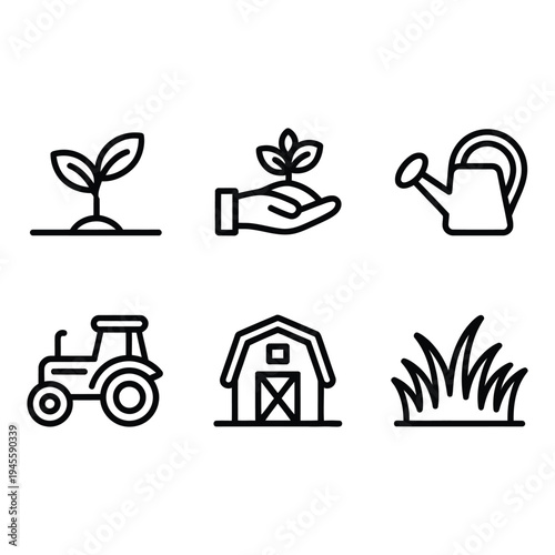 Farming and agriculture thin line icons showing plant, tractor, and barn