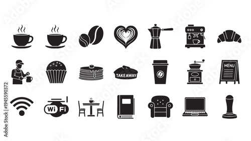 Black Cafe Icons on White Background