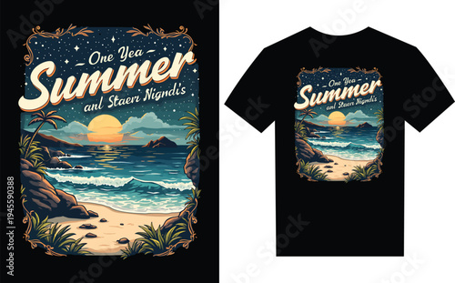 T shirts with summer beach design and text on white background