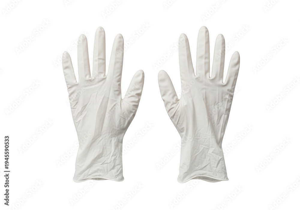 Obraz premium Pair of white disposable nitrile gloves shown from the front and back isolated on transparent background png,PNG