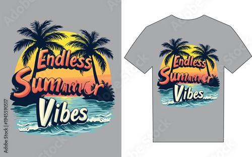 Tropical summer vibes tshirt design with palm trees and ocean waves on gray