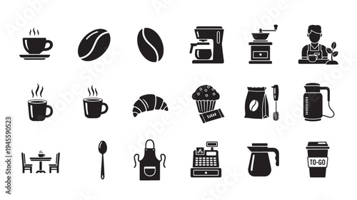Black Coffee Icons on White Background