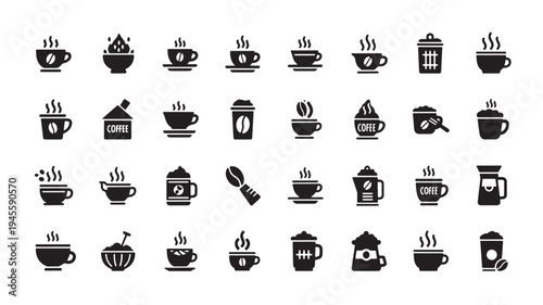 Black Coffee Cup Icons on White Background