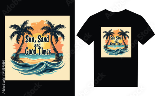 Tropical vacation tshirt design with palm trees and sunset  beachwear apparel