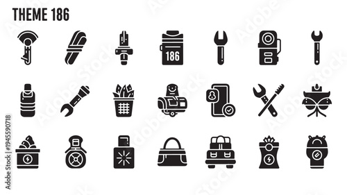 Black Icons Set of Industrial Tools and Equipment