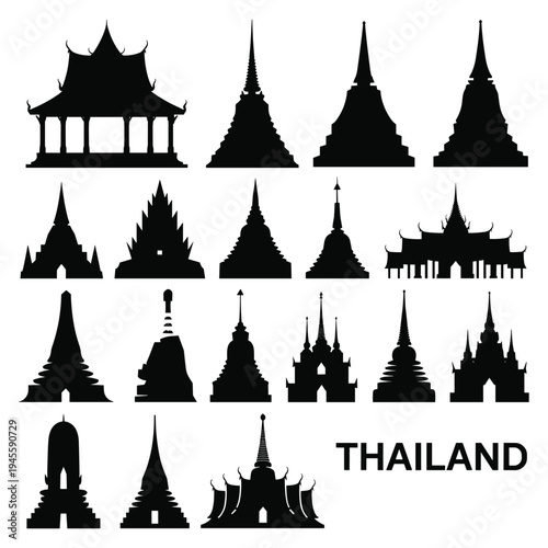 Black silhouettes of traditional thai temples and architecture