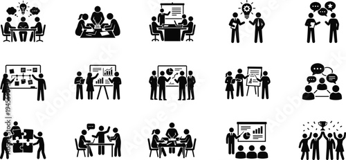 Professional Business Collaboration and Teamwork Icon Set Featuring Office Meetings Strategy Planning Presentations and Leadership Silhouettes