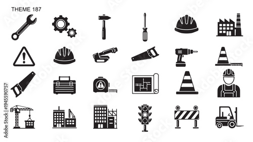Construction Tools Icons Set with Safety Signs and Equipment