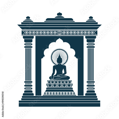 Blue and white of buddha statue in temple structure