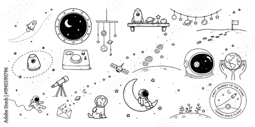 宇宙飛行士・ロケット・惑星の手描き宇宙イラストコレクション、Hand Drawn Space Exploration Icons Collection with Astronaut and Rocket