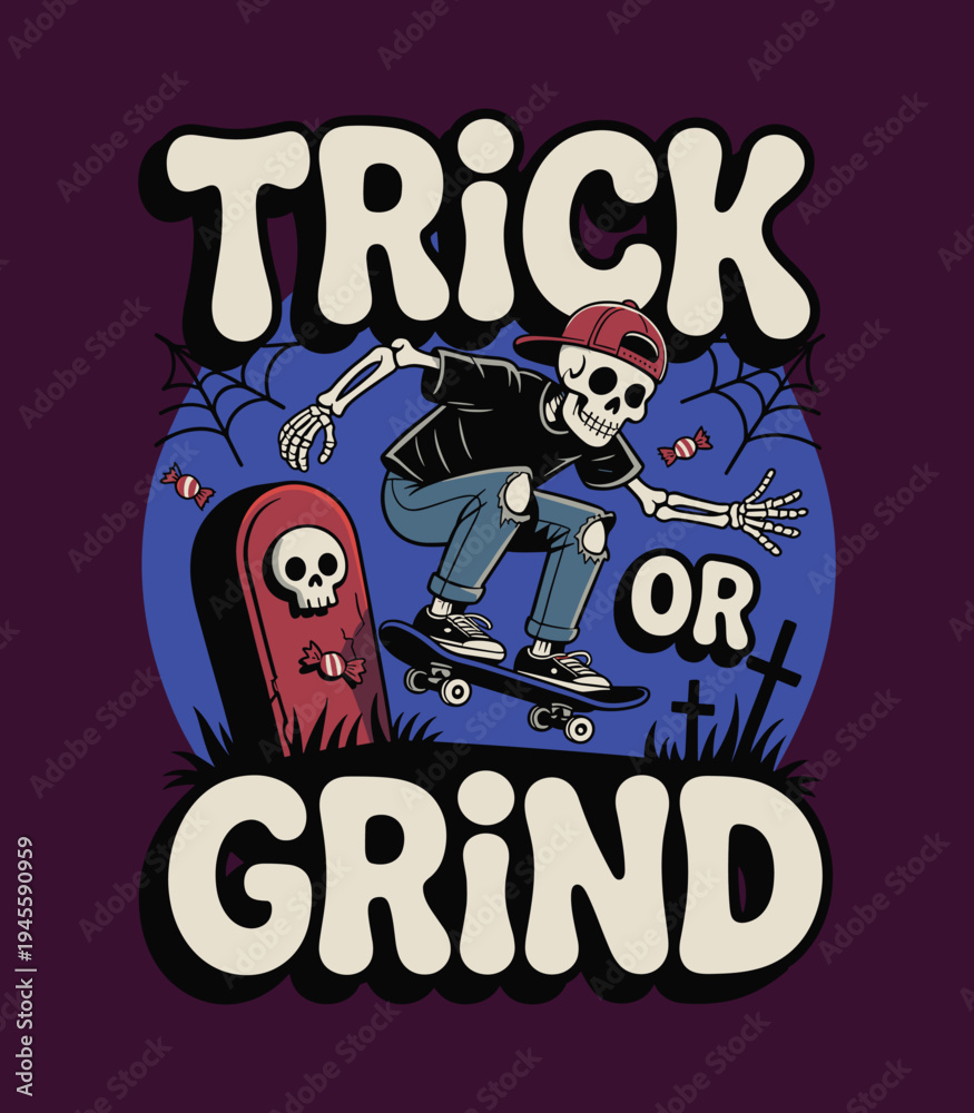 Fototapeta premium Skeleton Skater Halloween Illustration with Trick or Grind Text in Graveyard Scene