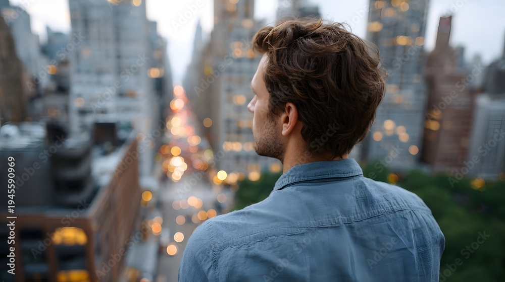 Naklejka premium Man looks out over a blurred illuminated city skyline at dusk contemplating the urban landscape with warm bokeh lights