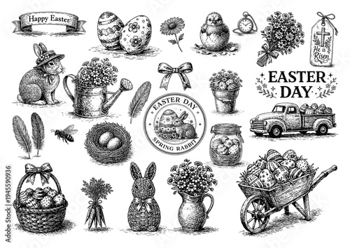 イースター装飾と春のモチーフのアンティーク風ペン画イラストコレクション、 Vintage Style Easter Decorative Elements Pen Illustration Collection 