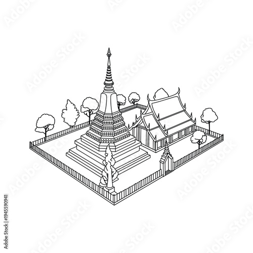 Isometric of a temple with a pagoda and surrounding buildings