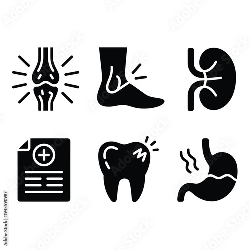 Human Anatomy and Medical Conditions Black Vector Icons for Healthcare Illustrations