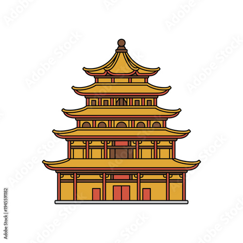 Traditional asian pagoda with multiple tiers and red accents