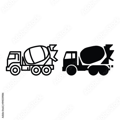 Industrial cement mixer trucks in outline and solid styles for construction projects