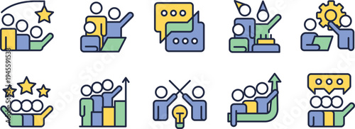 Illustrations of teamwork, communication, innovation, and productivity concepts