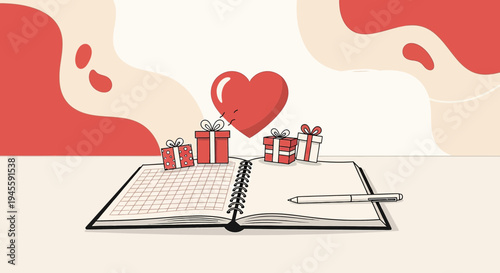 Red Heart, Gifts, Notebook and Pen - Love, Celebration, Writing Concept
