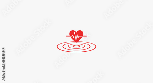 Red Heartbeat Cardiogram Icon on Target Circles, Health and Wellness Symbol