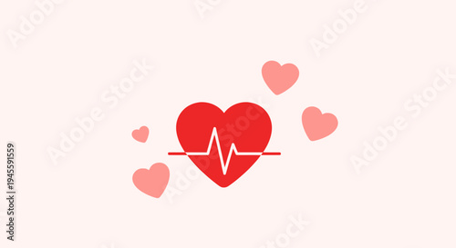 Red Heartbeat ECG Icon with Pink Hearts on Light Background