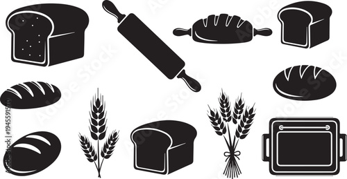 Baking icons and bread illustrations in black and white