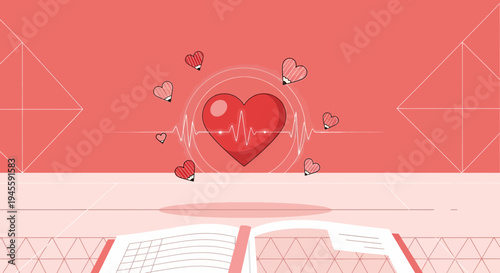 Red Heartbeat EKG Heart Symbol with Hearts and Geometric Shapes