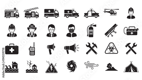 Emergency Response Icons Set with Firefighter, Police, Ambulance and and Construction Symbols