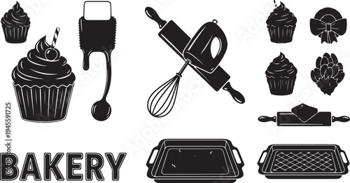 Bakery icons and tools for baking and decorating cupcakes